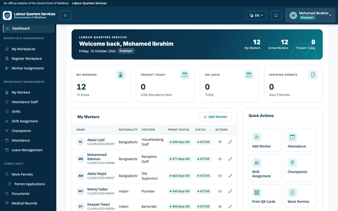 Employer dashboard showing workers, attendance and work permits