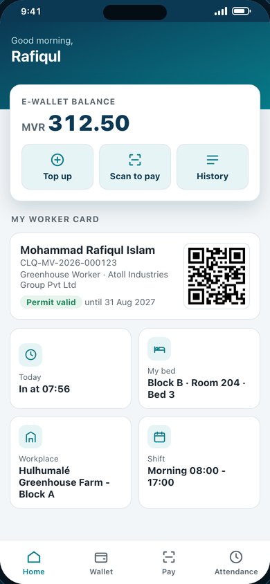 Worker app showing the e-wallet balance and the worker card